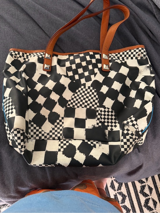 L.A.M.B. Handbags - L.A.M.B. Black & White Checkerboard Tote with Brown Leather Straps